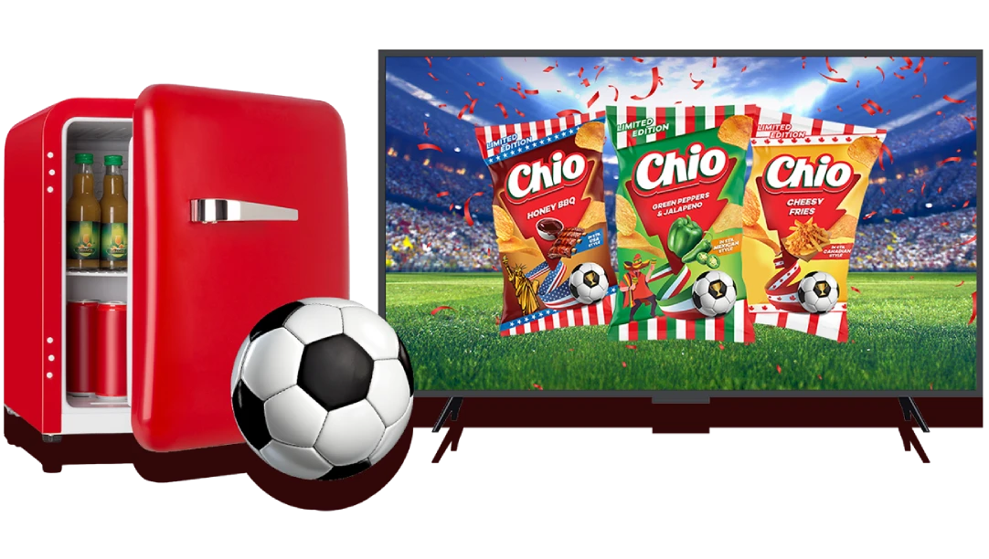 Kit suporter cu TV, minifrigider și Chio Chips